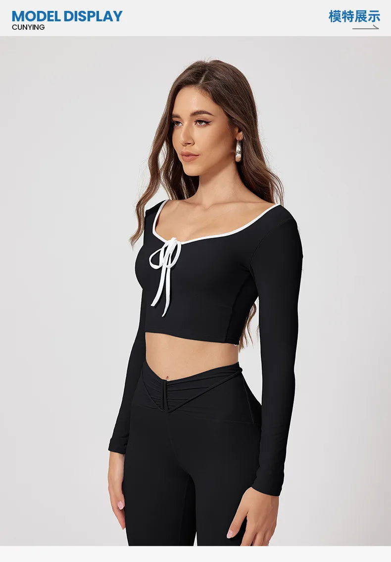 Conjunto de yoga para mujer: camiseta de manga larga, ropa deportiva, top corto, leggings de cintura alta y conjunto deportivo.