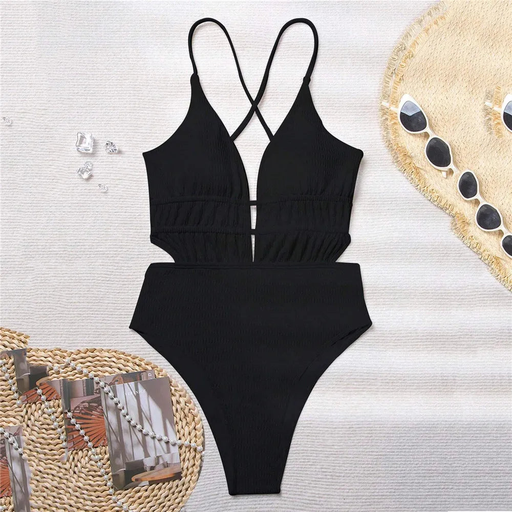 Traje de baño de una pieza sexy de canalé negro sin espalda para mujer 2025, traje de baño cruzado con tiras, traje de baño para bañistas.