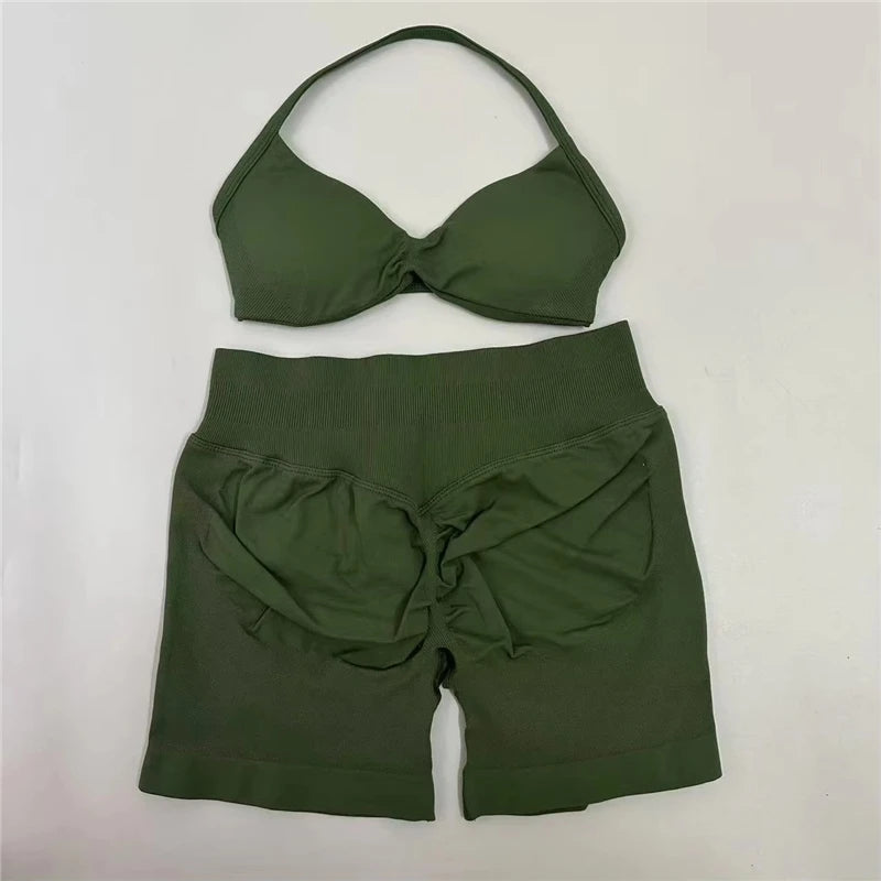 Women's Electric Blue Blossom High Stretch Top Sports Bra Shorts Set Comfortable Gym Workout Yoga Active Wear Impact Outfit