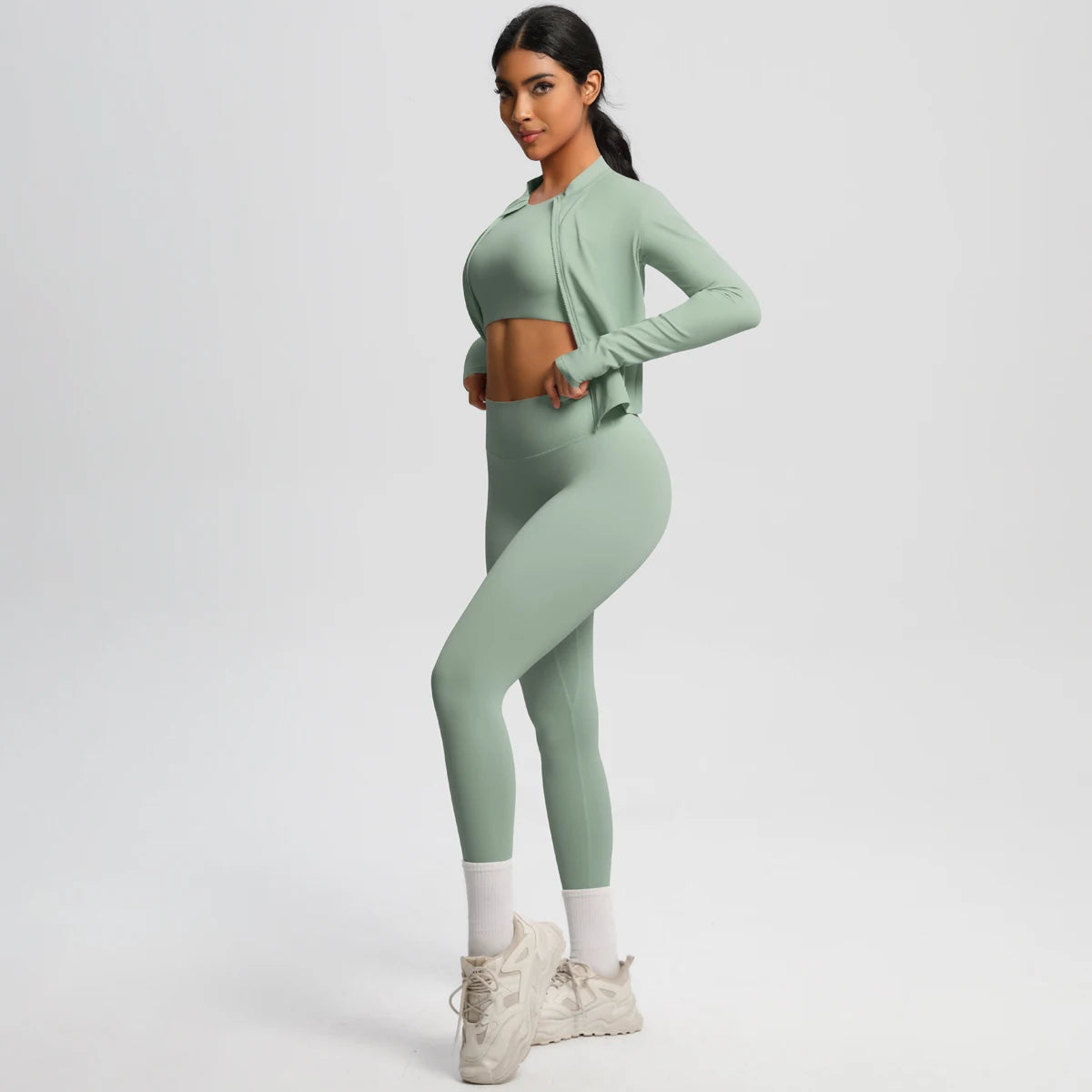 Conjunto de leggings de yoga, top deportivo con cremallera y manga larga, transpirable, para correr al aire libre, pantalones de yoga ajustados e informales, ropa de fitness