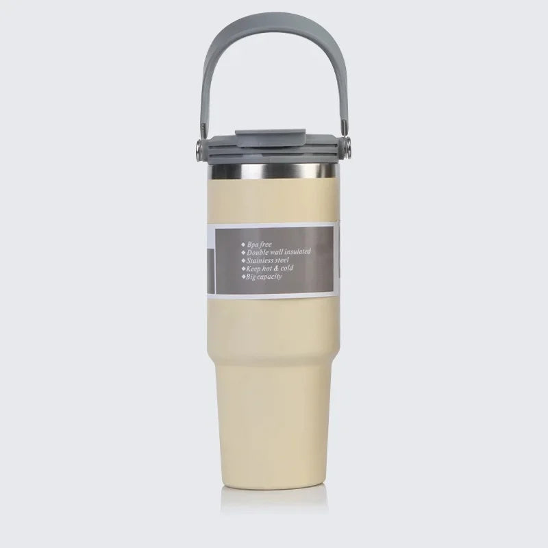 Vaso portátil de acero inoxidable de 30 oz con aislamiento para coche, con pajita y doble pajita para bebidas frías, ideal para usar en el vehículo.