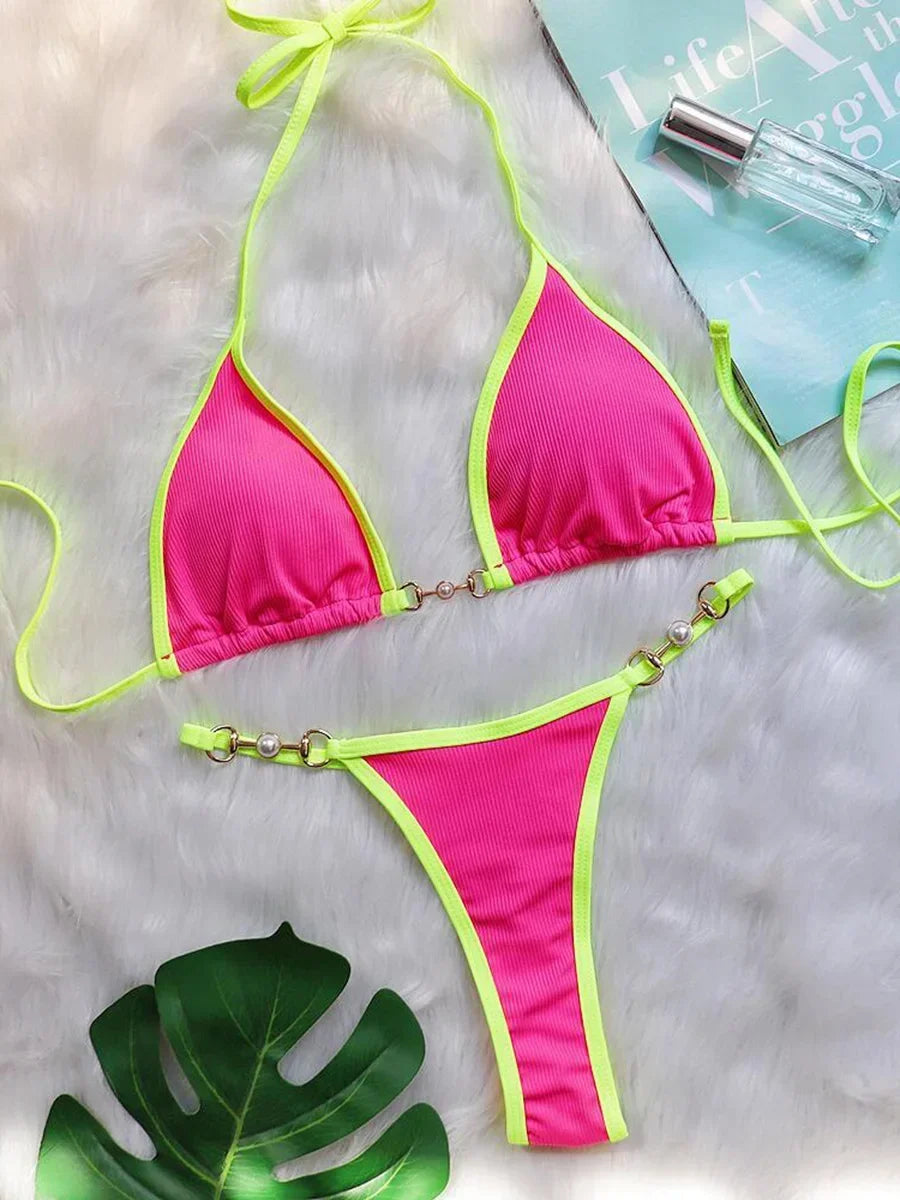 Bikini sexy con cuello halter y perlas para mujer, traje de baño femenino de dos piezas con ribete acanalado