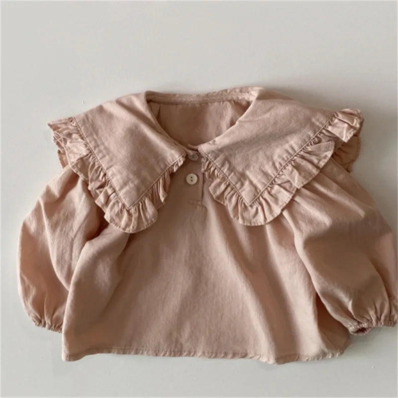 Ropa infantil, moda coreana de primavera 2025, nueva blusa para niñas, camisa informal con solapa de encaje