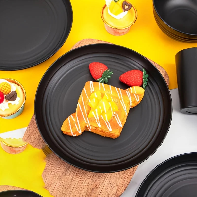 Juego de vajilla irrompible de 16 piezas, 8 platos, 4 cuencos y 4 tazas, apto para microondas y lavavajillas, ideal para camping, uso diario, color negro.