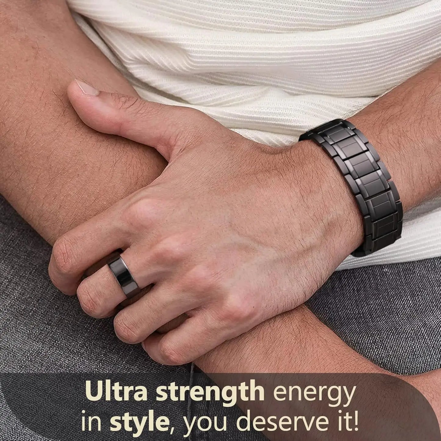 Pulseras clásicas de acero y titanio ARADOO con 3 imanes de neodimio ultrarresistentes, pulsera de eslabones de cobre para terapia magnética.