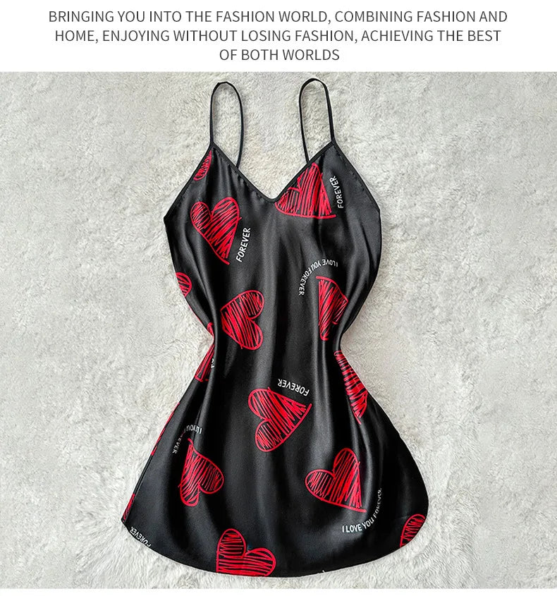 Camisón de satén con estampado de labios rojos para San Valentín, minivestido de dormir sin espalda y cuello en V para mujer