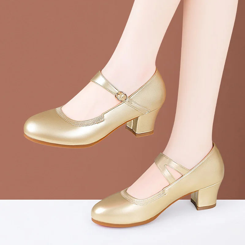 Zapatos Mary Jane de plataforma de piel suave, cómodos y poco profundos, de 3,5 cm y 5,5 cm, para primavera de 2025, con tacón de bloque mediano, para oficina y mamá.
