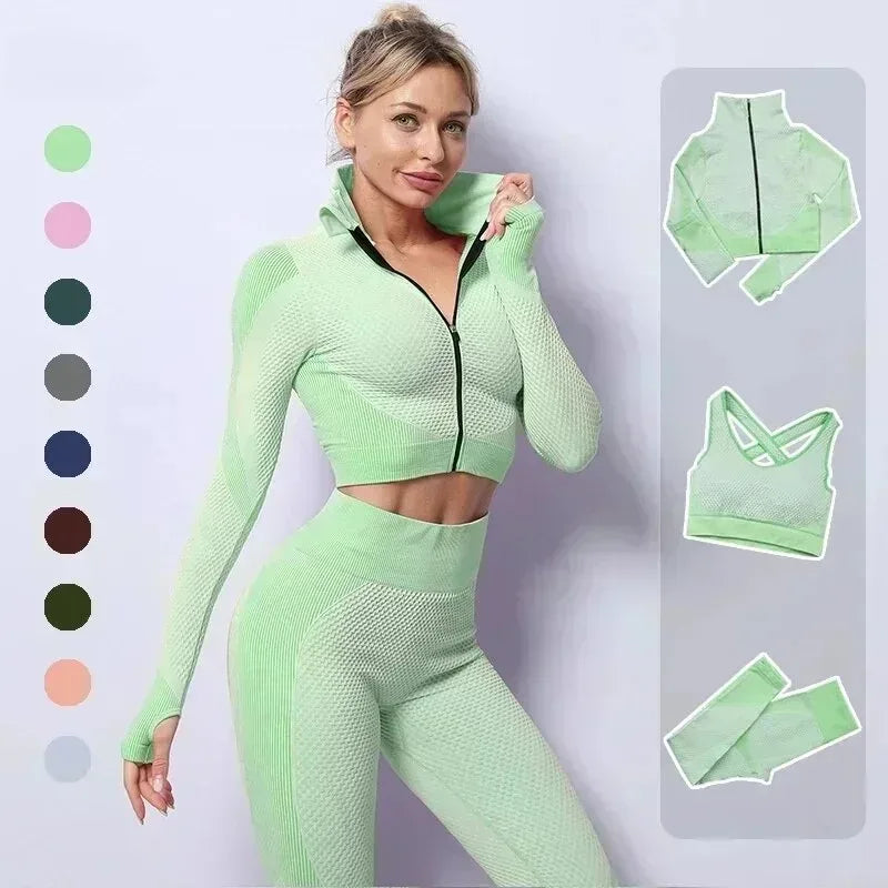 Conjunto de 3 piezas de yoga sin costuras, chaleco deportivo de fitness, pantalones de cintura alta que levantan la cadera, ropa de entrenamiento, conjunto de leggings de gimnasio para mujer
