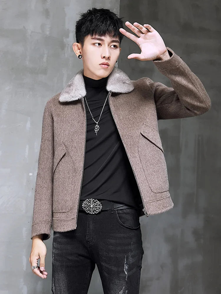 AYUNSUE Spring Autumn Wool Coat Men Double-sided Alpaca Jacket Mink Fur Collar Mens Coats and Jackets Overcoat 1970B KJ3859