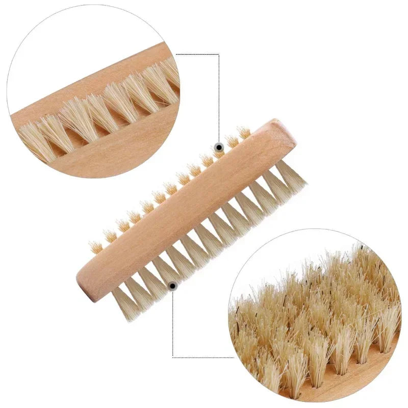 Cepillo de cerdas para manicura y pedicura con mango de madera de doble cara y cerdas de nailon para baño y limpieza de uñas.