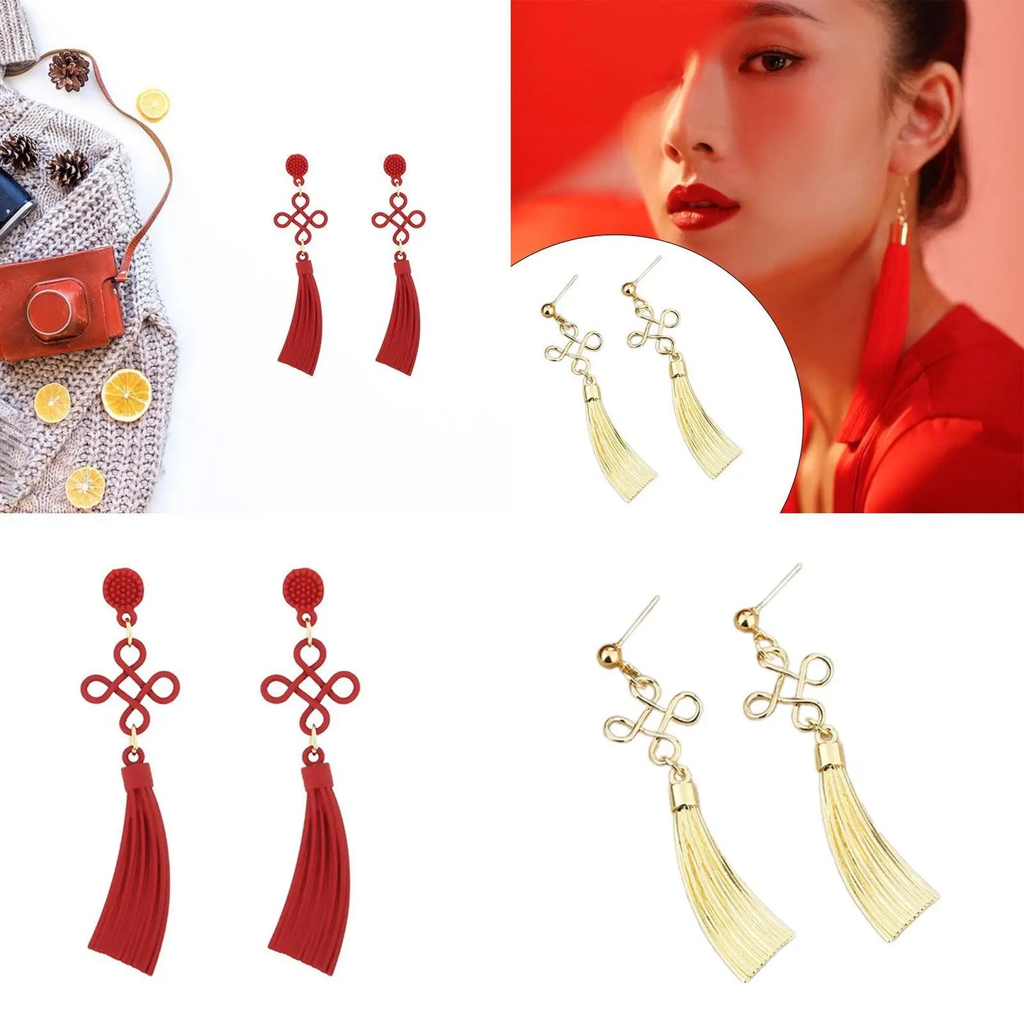 Pendientes con nudo chino, pendientes con dijes para celebraciones de aniversario y festividades.
