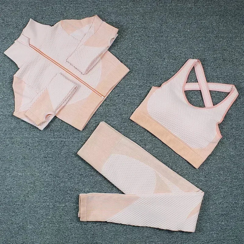 Conjunto de 3 piezas de yoga sin costuras, chaleco deportivo de fitness, pantalones de cintura alta que levantan la cadera, ropa de entrenamiento, conjunto de leggings de gimnasio para mujer