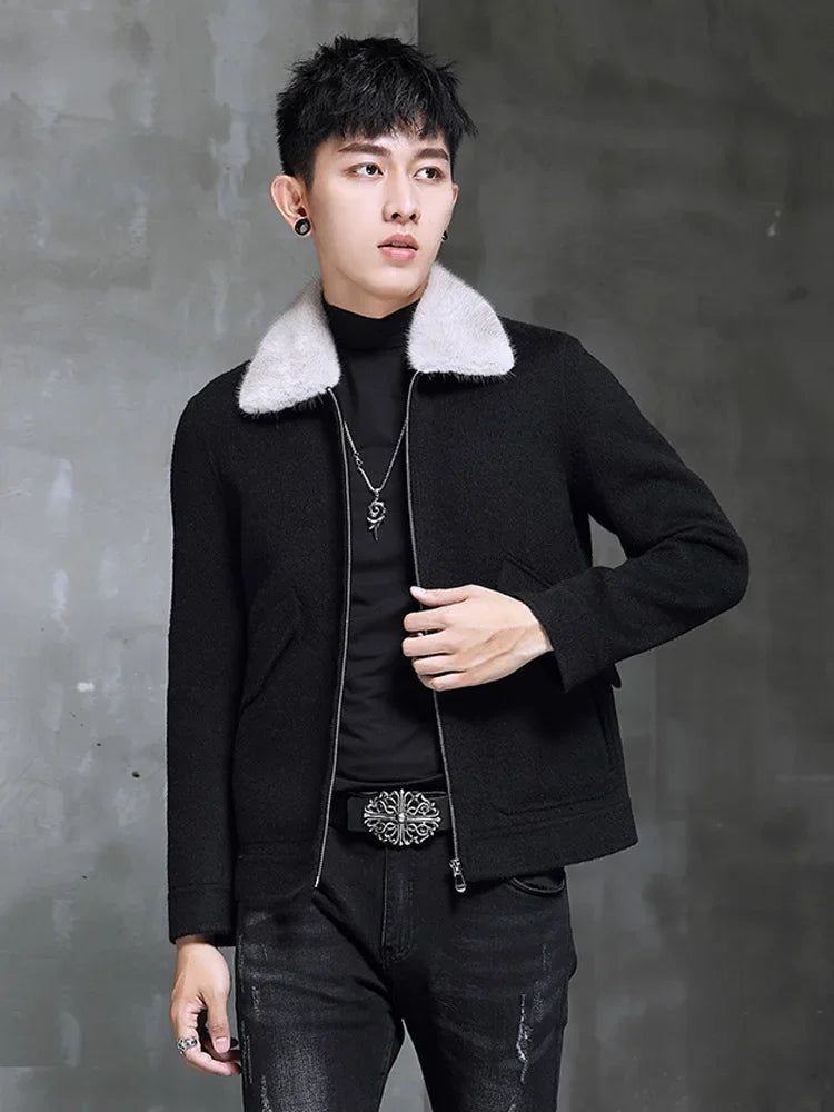 AYUNSUE Spring Autumn Wool Coat Men Double-sided Alpaca Jacket Mink Fur Collar Mens Coats and Jackets Overcoat 1970B KJ3859