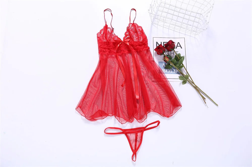 Lencería sexy para mujer, pijamas sin entrepierna, vestido de noche de encaje, ropa interior femenina exótica, camisón, tanga, disfraces eróticos