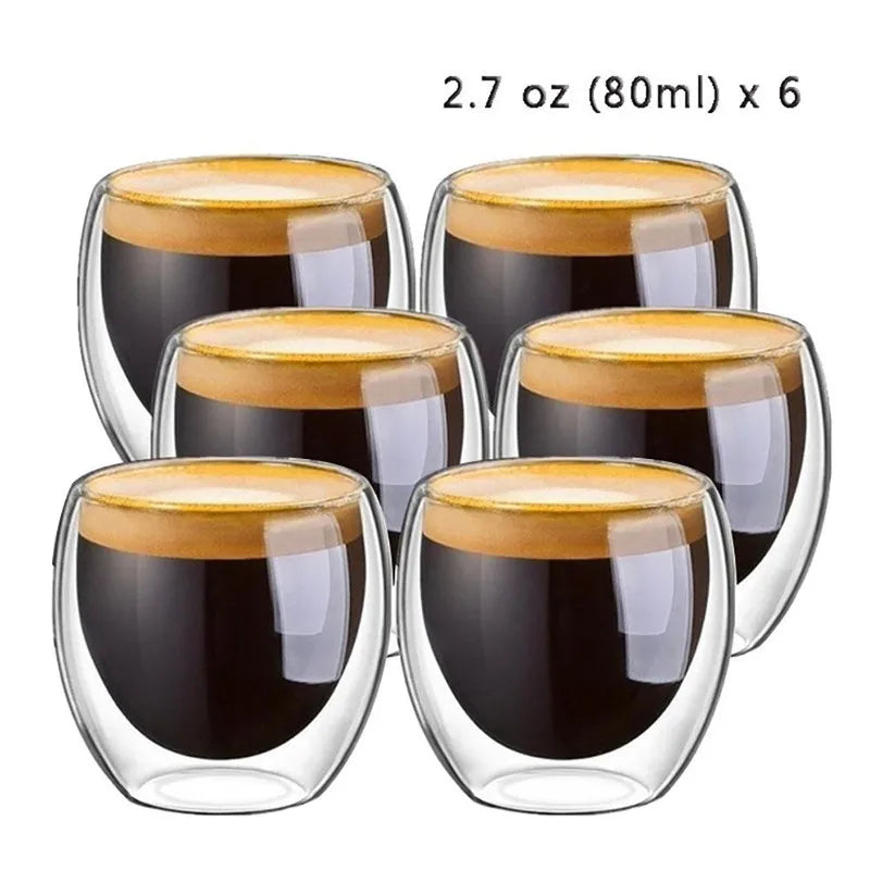 1-6 tazas de té de vidrio de doble pared transparente, hechas a mano, resistentes al calor, para bebidas saludables, café, leche, vasos de chupito aislados, regalo, 80-650 ml