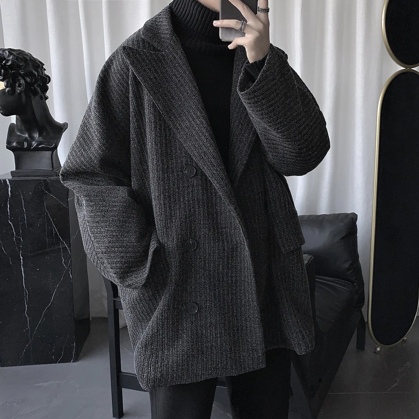 Abrigo largo entallado estilo coreano ligero de longitud media para hombre, abrigo juvenil sin cuello, abrigo de primavera para hombre.