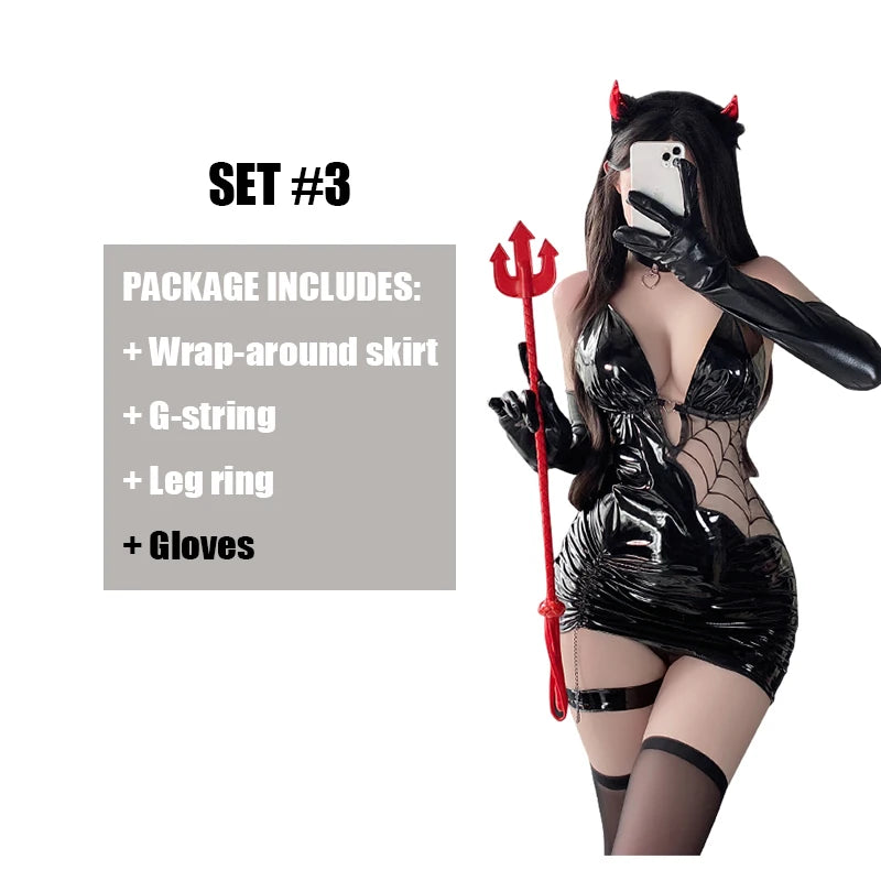 Porn Women Sexy Lingerie Seductive Spiderweb Faux Leather Bodycon Dress Tight Hip Halloween Outfit Stocking