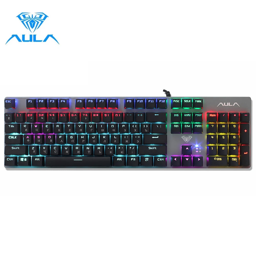 Teclado mecánico para juegos AULA F2088 de 104 teclas con cable, retroiluminado, de metal, anti-efecto fantasma, inglés, hebreo, ruso, español, árabe y coreano.