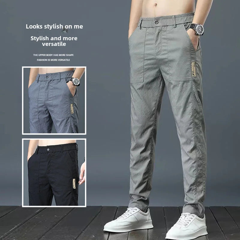 Pantalones casuales finos de verano para hombre, transpirables, de seda de hielo, elásticos, de pierna recta, holgados, de secado rápido, modernos y versátiles, largos