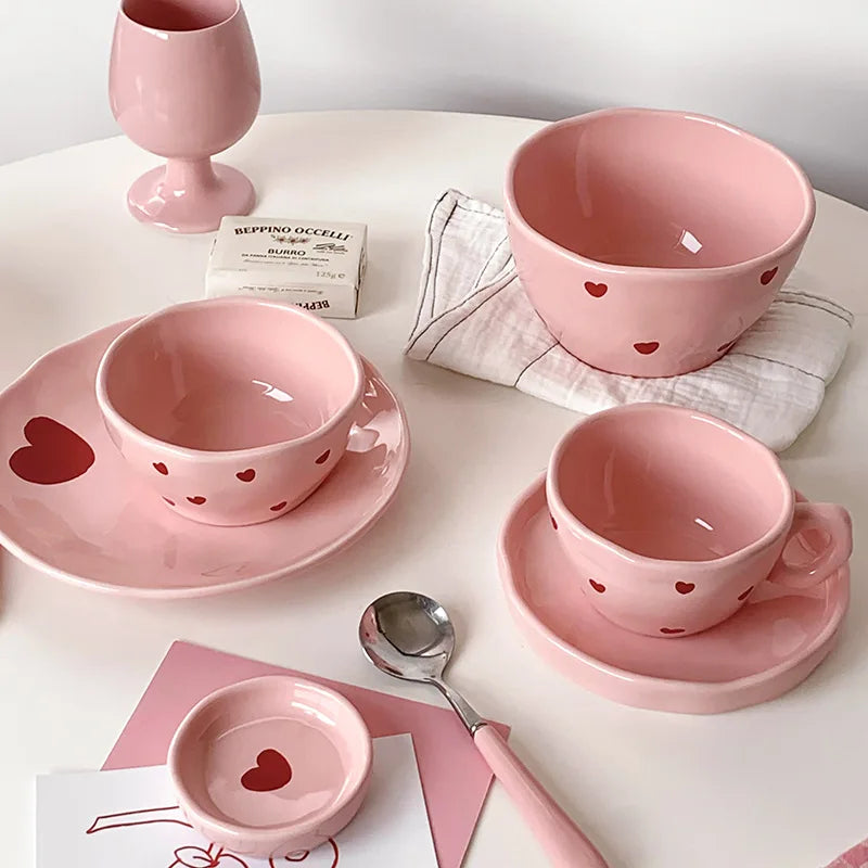 Ensaladera con diseño de corazón rosa, plato de cerámica, taza de café, tazón de postre para niños, platos de cena bonitos para el hogar, vajilla de restaurante