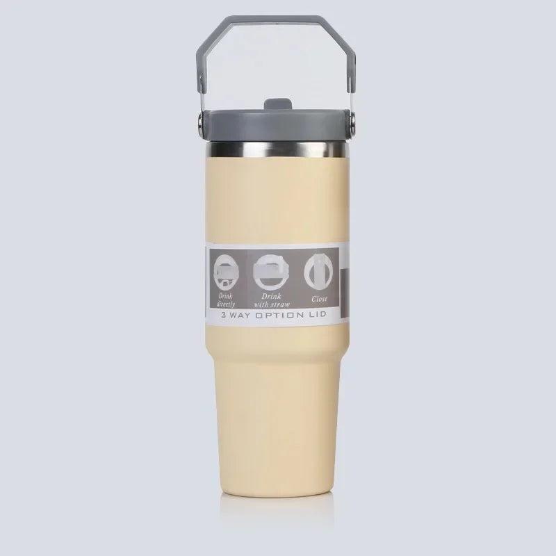 Vaso portátil de acero inoxidable de 30 oz con aislamiento para coche, con pajita y doble pajita para bebidas frías, ideal para usar en el vehículo.