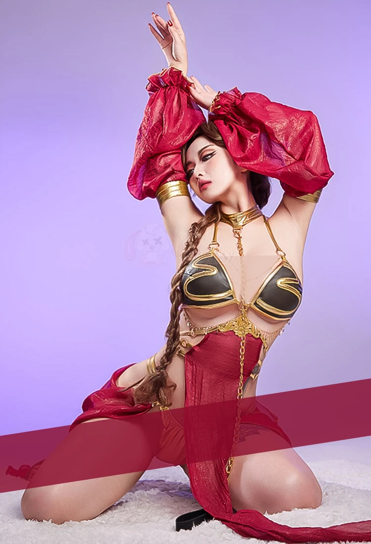 New Mooyiyi cos Leia Scarlet Salsa Dress Cosplay costume Halloween Christmas S-XL 2025 Sexy Red Dancer Dress