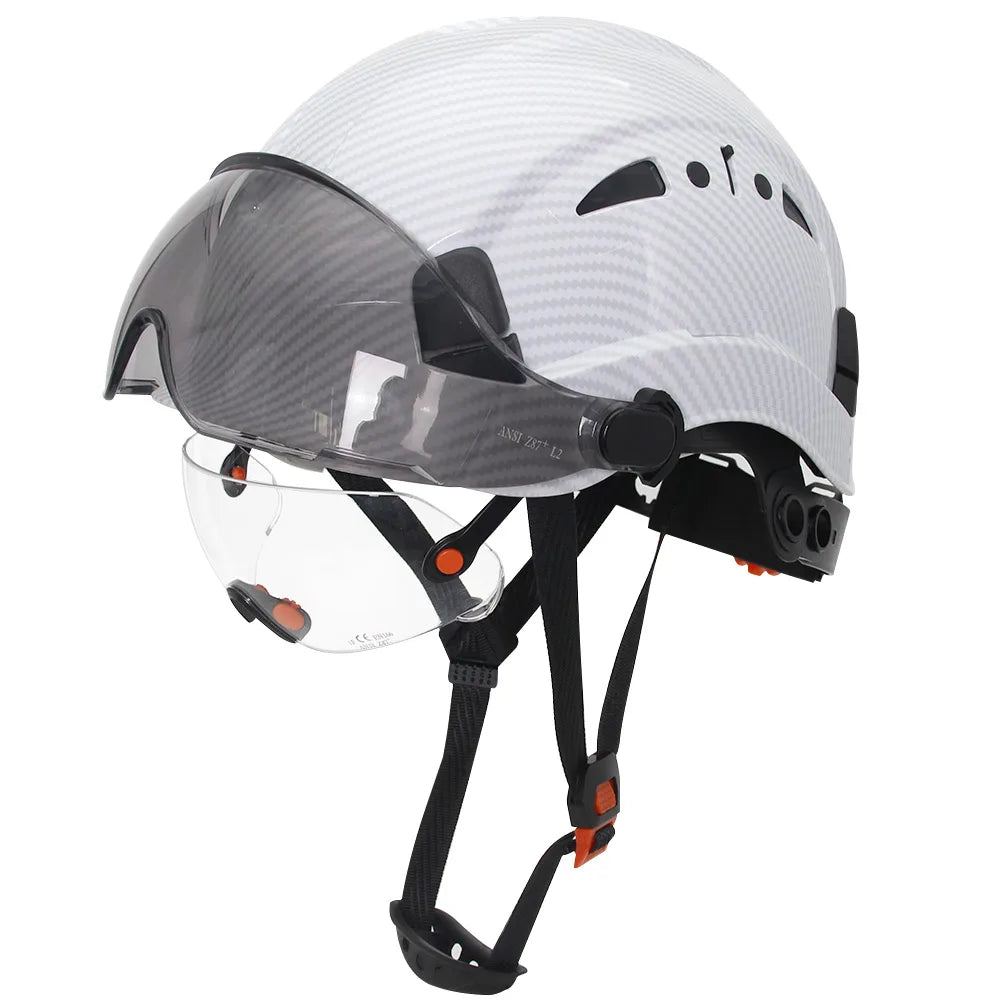 Casco de seguridad con patrón de fibra de carbono y gafas de doble visera para ingenieros, casco de seguridad CE ANSI ABS, gorra de trabajo industrial, rescate