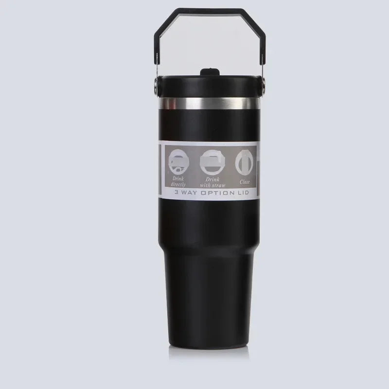 Vaso portátil de acero inoxidable de 30 oz con aislamiento para coche, con pajita y doble pajita para bebidas frías, ideal para usar en el vehículo.