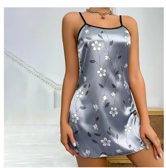 Camisón de satén con estampado floral para mujer, ropa de dormir informal sin mangas y sin espalda, sexy, para el hogar
