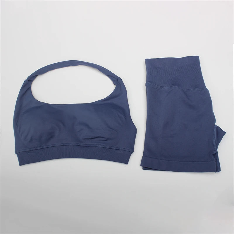 Women's Electric Blue Blossom High Stretch Top Sports Bra Shorts Set Comfortable Gym Workout Yoga Active Wear Impact Outfit