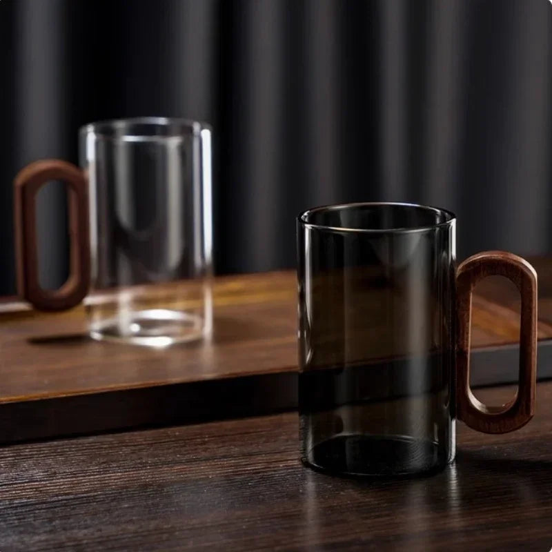 Tazas de té de vidrio de borosilicato de 360 ml, resistentes al calor, transparentes, con mango de madera, para agua potable, para el hogar y la oficina.