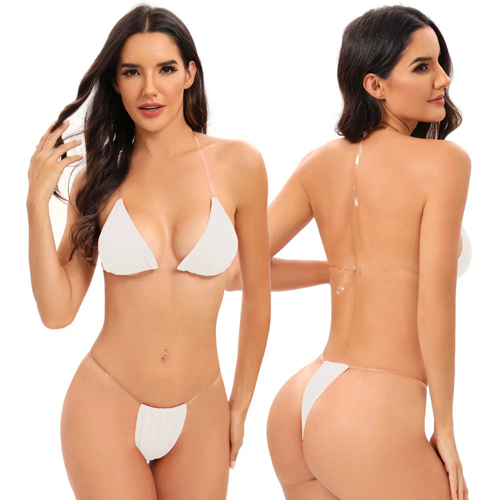 Traje de baño para mujer, bikini sexy transparente con tirantes triangulares, tanga de dos piezas, color sólido, ropa de playa, traje de baño para spa