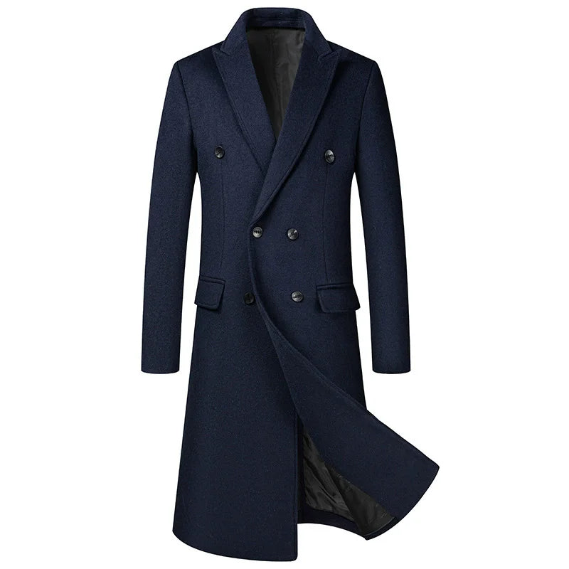 Autumn Winter Men's Long Wool Blends Coats England Style Solid Color Double Breasted Woolen Outerwear Men Smart Casual Trench
