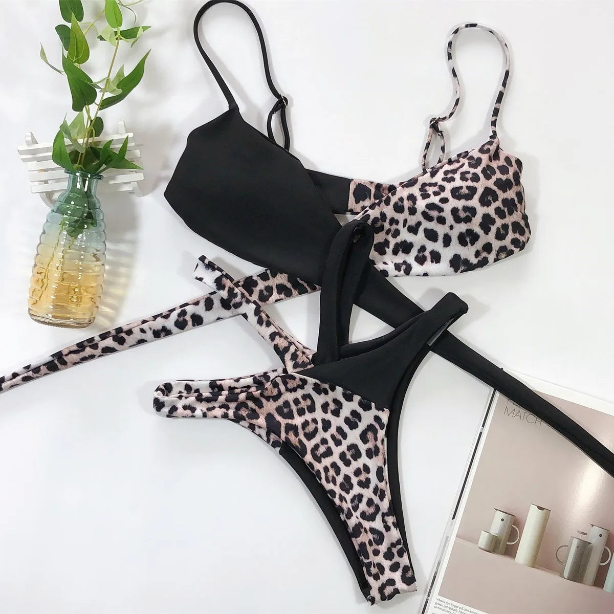 2025 Bikini sexy para mujer, traje de baño con estampado de leopardo y tirantes cruzados, conjunto de bikini para mujer, traje de baño push up, trajes de baño para mujer