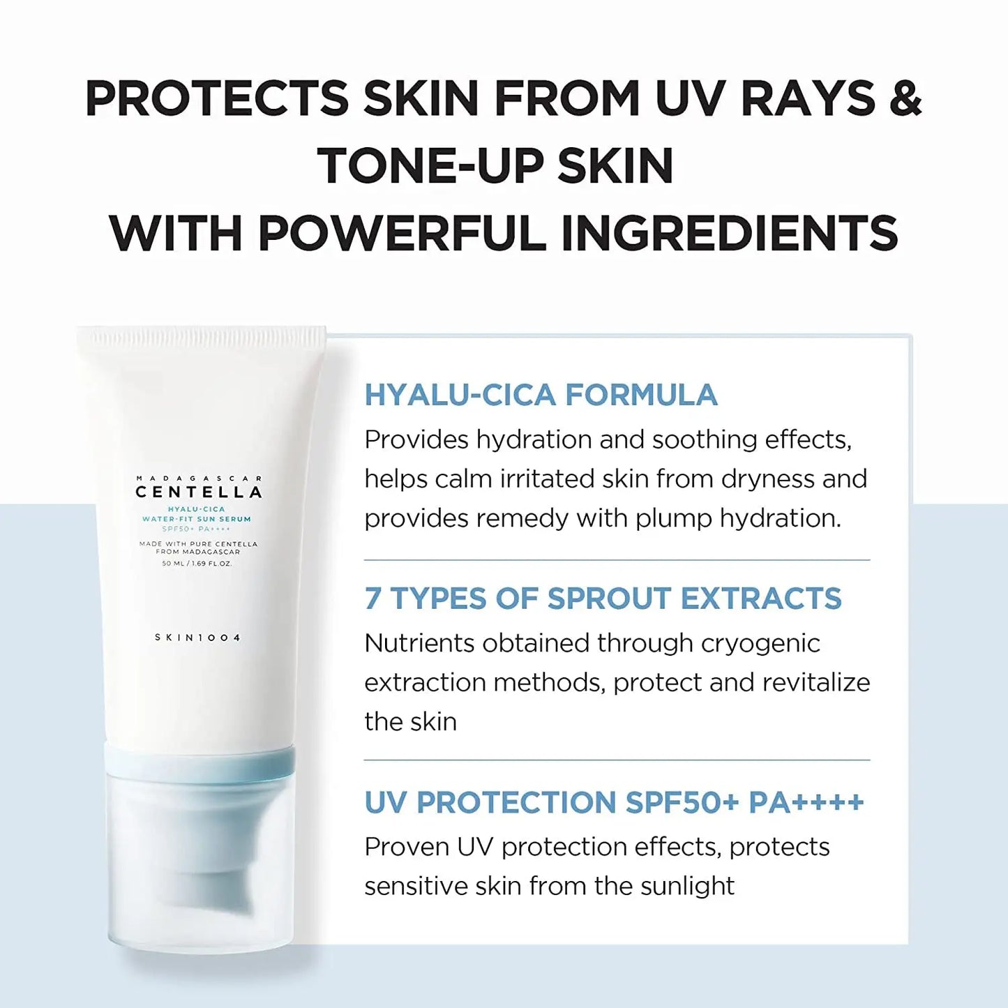 SKIN1004 Centella Sun Serum SPF50+ PA++++, Ácido Hialurónico, Protección UV Hidratante para Piel Sensible, Seguro para Después de Procedimientos