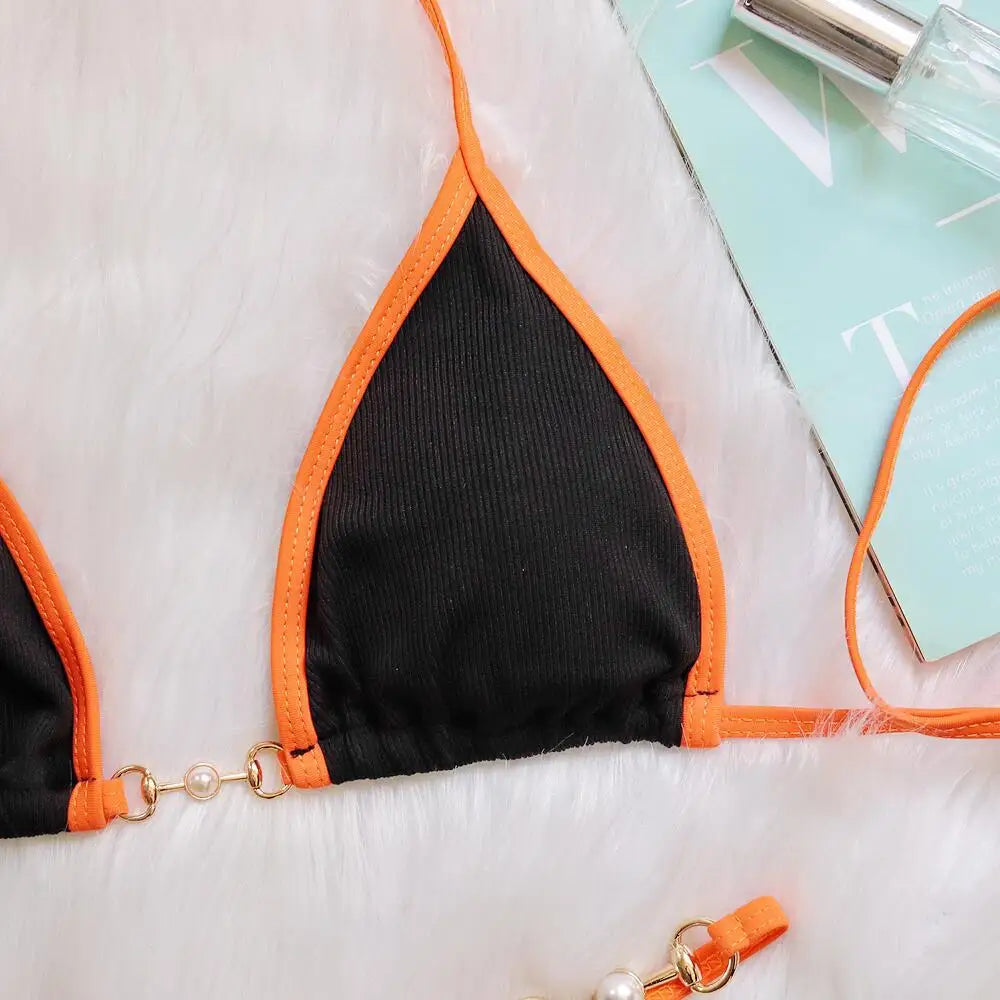 Bikini sexy con cuello halter y perlas para mujer, traje de baño femenino de dos piezas con ribete acanalado