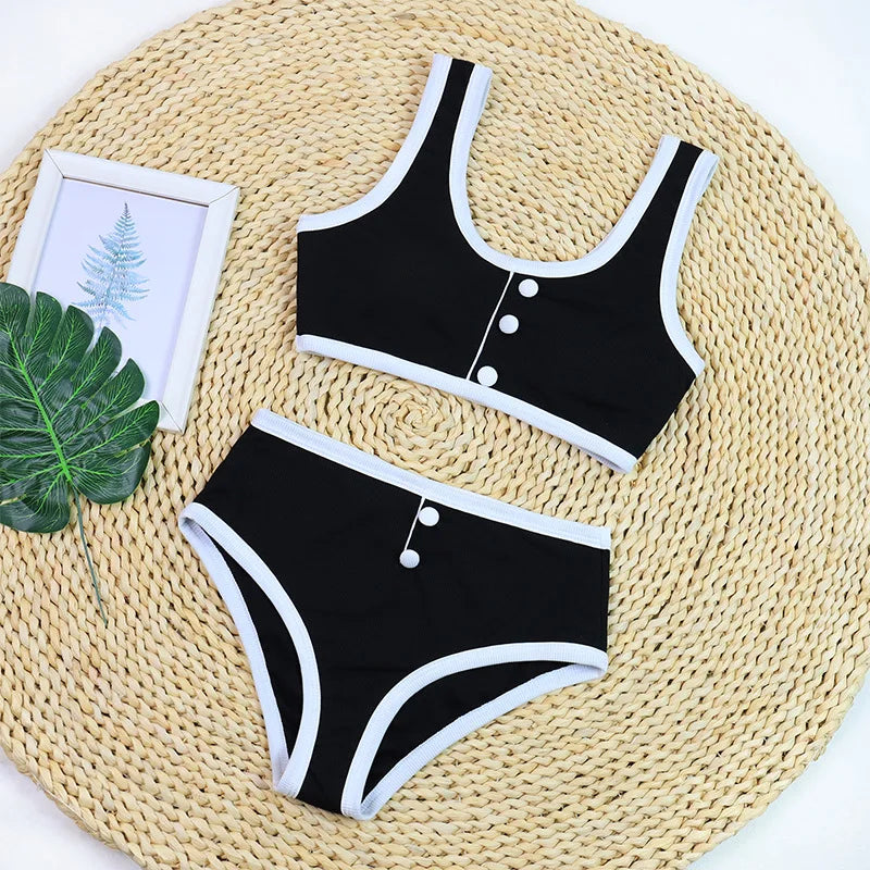 2024 Black and white simple ins style two-piece swimsuit women's small fragrant wind bikini