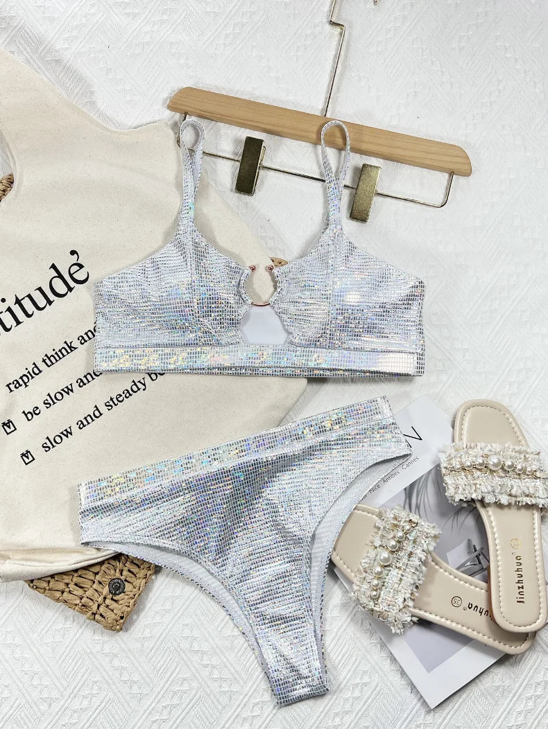 Bikini sexy de cintura alta con lentejuelas plateadas, traje de baño para mujer, conjunto de bikini, traje de baño nuevo, bikini femenino con push-up y aro de metal.