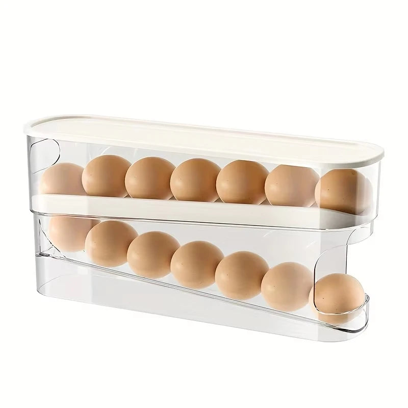Caja de almacenamiento de huevos para refrigerador de dos capas, soporte automático para huevos con ruedas, estante estilo escalera, dispensador de huevos para refrigerador, organizador de huevos