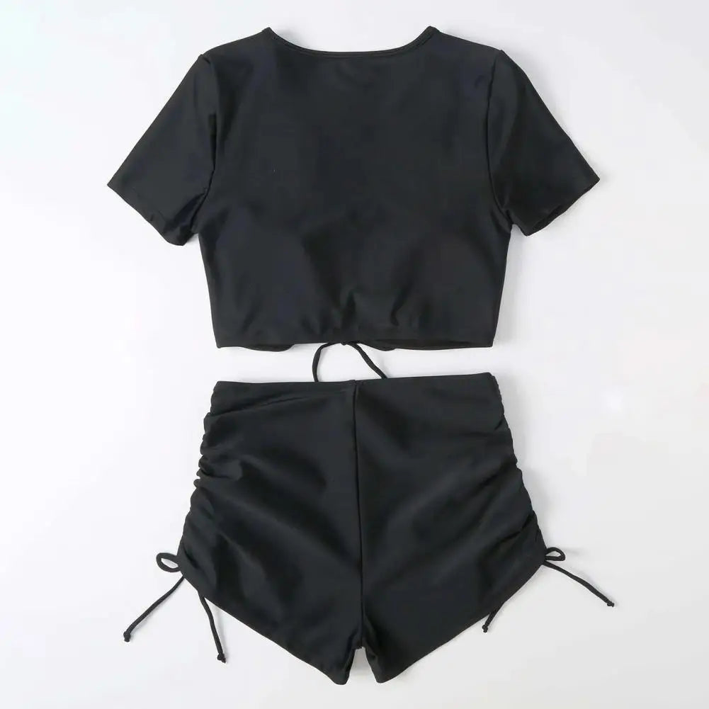 2Pcs/Set Swimsuit for Women Bikini Set V-Neck Short Sleeve Tops High Waist Drawstring Swimming Trunks Quick Drying Swimsuit