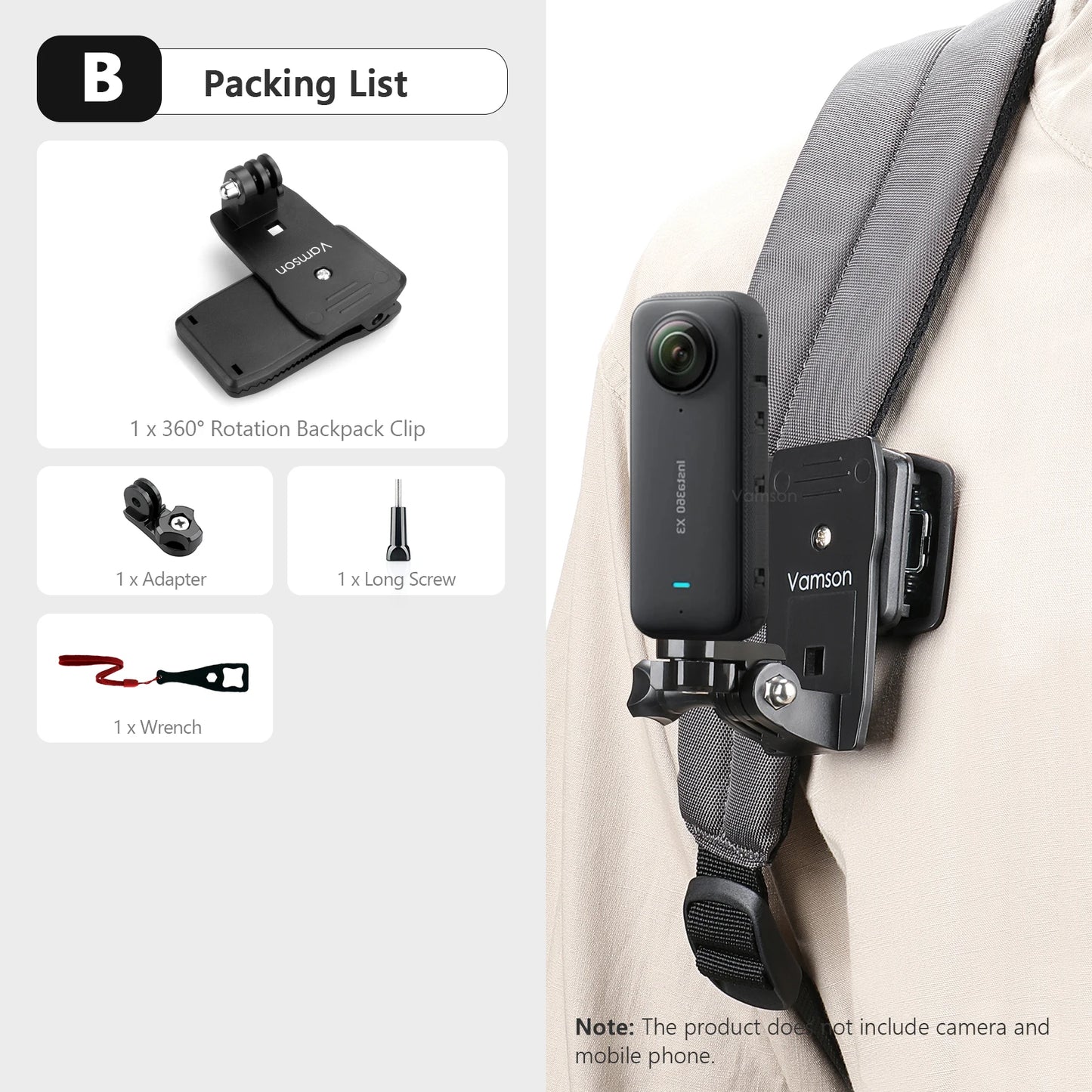 Clip de mochila Vamson para Insta360 x3 para cámara GoPro Hero 11, 10 y 9, soporte para cinturón de hombro giratorio de 360°, accesorios para DJI Action