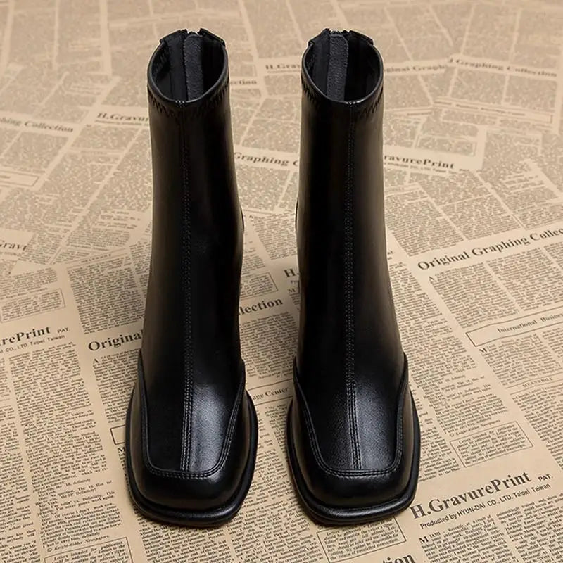 British Vintage Square Toe Ankle Boots Women 2025 Autumn Winter Thick High Heel Black Pu Boots Woman Cowboy Short Booties Shoes