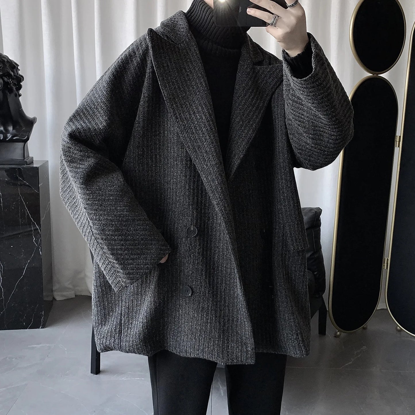 Abrigo largo entallado estilo coreano ligero de longitud media para hombre, abrigo juvenil sin cuello, abrigo de primavera para hombre.