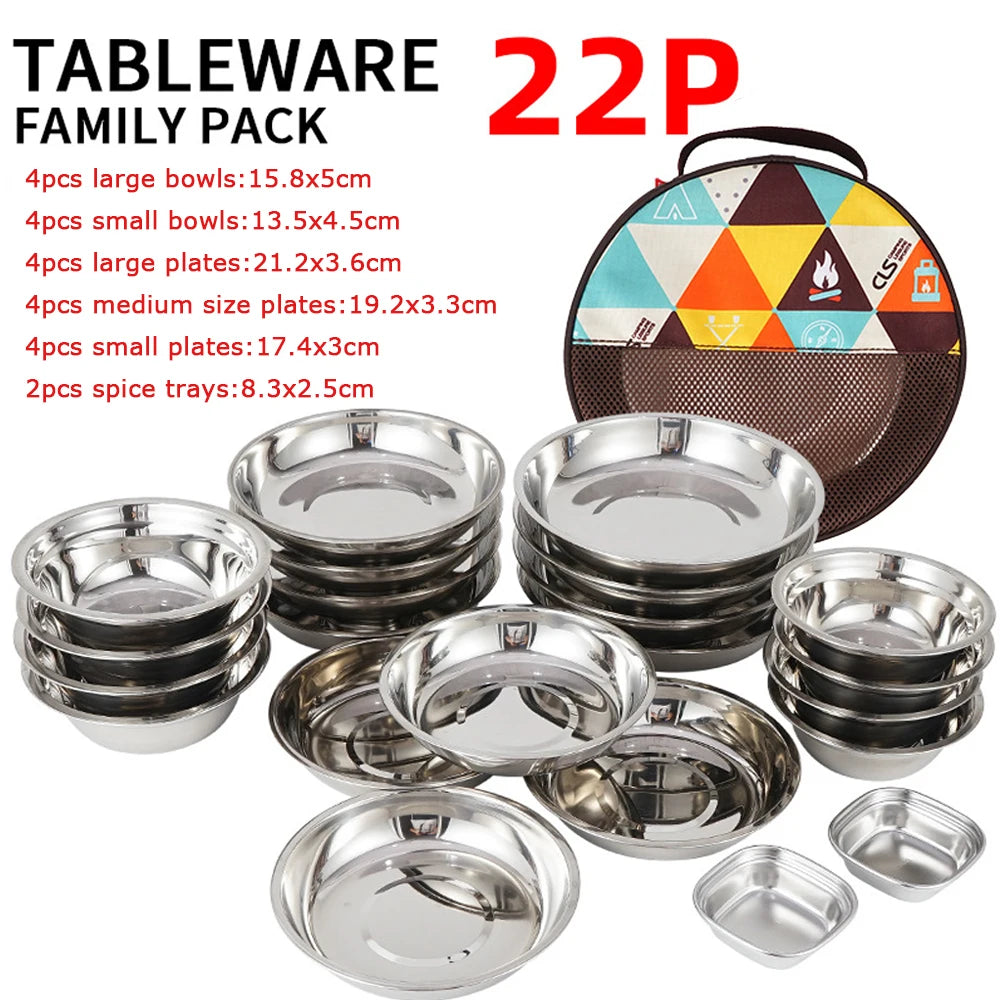 Juego de 17/22 piezas de vajilla de acero inoxidable para acampar, resistente, para picnic al aire libre, ensalada, contenedor de comida, picnic, viaje