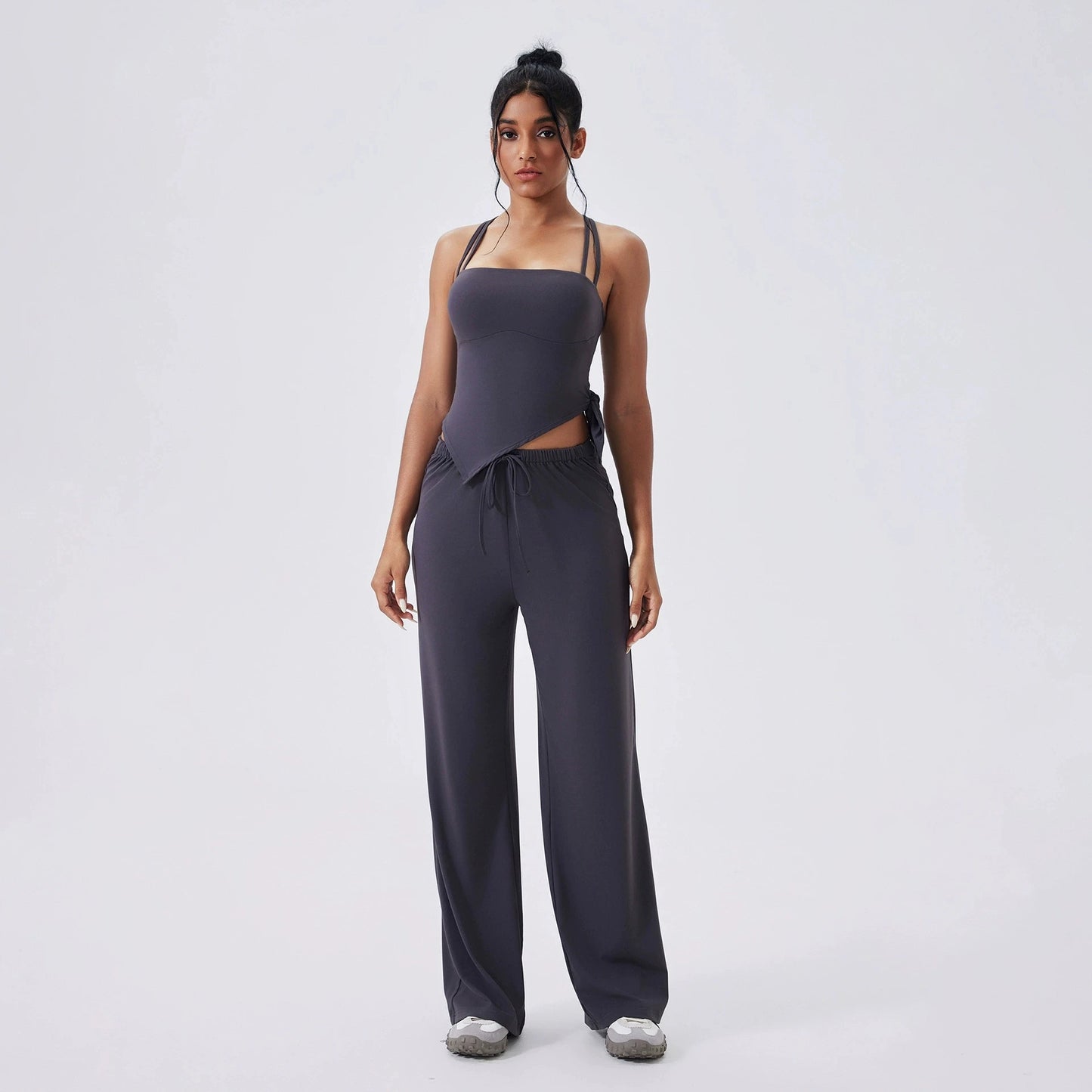 Conjunto de yoga de 2 piezas para mujer, camisetas deportivas con lazo lateral, top corto de entrenamiento, conjunto de fitness, leggings de cintura alta para correr y gimnasio
