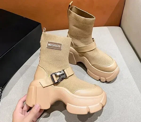 Botines de plataforma alta de 8 cm para mujer, botas cortas con suela gruesa y suela gruesa, antideslizantes, para motocicleta, para otoño