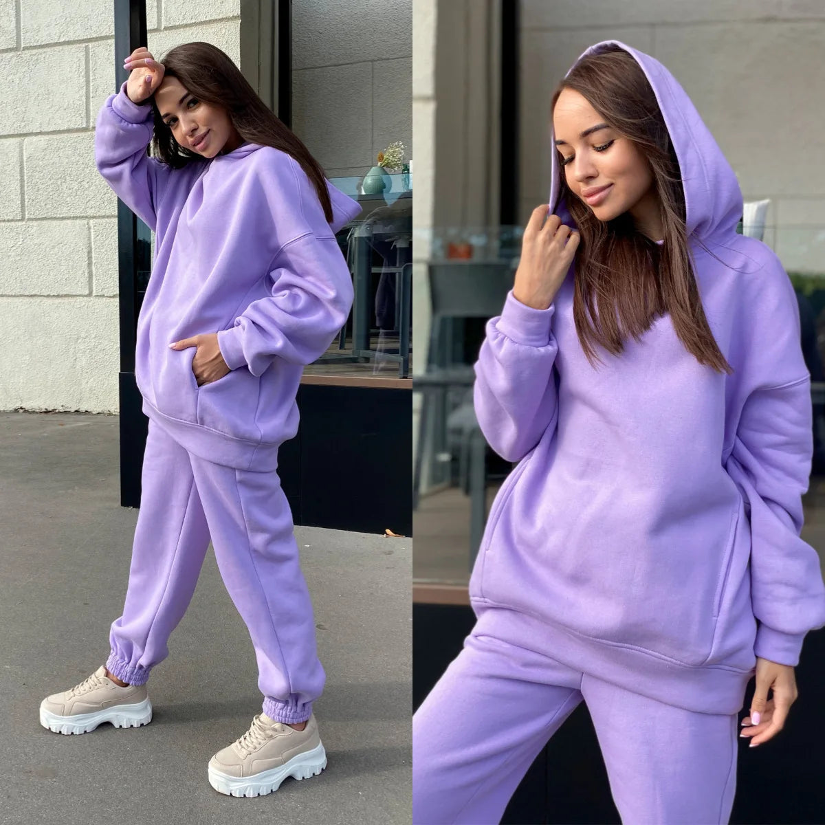 Conjuntos de dos piezas de forro polar para mujer, elegantes, de color sólido, con capucha extragrande y pantalones largos, chándal deportivo para otoño e invierno 2023.