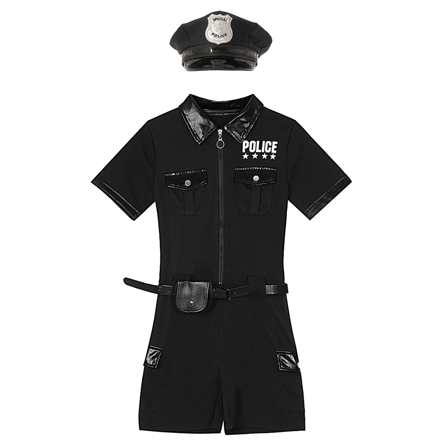 Women Cop Police Uniform Policewoman Cosplay Costume Zipper Short Sleeve Jumpsuit with Belt Purse Hat Halloween Party Clubwear