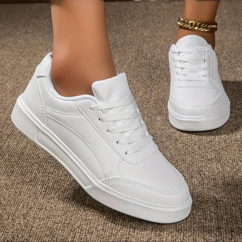 Zapatos blancos planos para mujer, informales, con cordones, de piel sintética, suela gruesa, de lujo, para exteriores