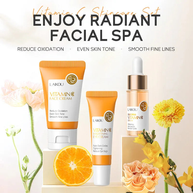 LAIKOU - Set de 3 cremas faciales con vitamina C 24K Golden Sakura para el cuidado de la piel, suero, crema para ojos, hidratante, antiarrugas